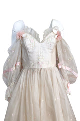 1980s Emanuel Custom Fairy Tale Embroidered & Ribboned Silk Organza Dress
