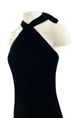 1970s Christian Dior Demi-Couture Numbered Sample Dress in Inky Black Velvet w Bow