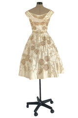 Incredible 1950s Ceil Chapman Ivory Silk Satin Dress w Gold Metal Ribbon Detailing