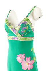 1970s Leonard Paris Green Floral Print Silk Jersey Halter Dress
