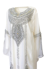 1970s Elaborate Silver, Pearl & Bead Covered Jeweled White Chiffon Caftan Dress