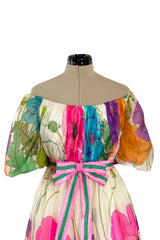 Prettiest 1970s Victoria Royal Off Shoulder Silk Gazaar Floral Print Dress w Ribbon Belt