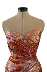 Fall 1988 Emanuel Ungaro Strapless Metallic Gold & Coral Dress w Flirty Ruffled Skirt