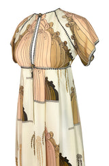 1960s Jean Varon Slit Front Empire Waist Art Deco Print Dress