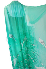 1970s Hanae Mori Silk Chiffon Bird Caftan
