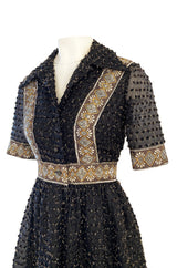 Late 1960s Oscar De La Renta Gold Metallic Eyelash Silk Organza Dress w Silver Metallic Detailing