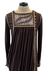 Museum Held 1970s Bill Gibb Deep Brown Liquid Jersey Dress w Metal Buttons & Extensive Beading