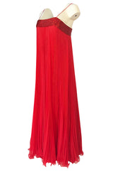 1970s Alfred Bosand Red Chiffon Accordion Pleat Dress & Matching Cape