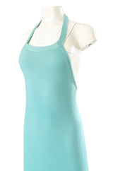 Important 1974 Halston Turquoise Cashmere Extremely Low Back Halter Dress