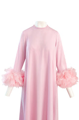 1960s Odette Barsa Loose & Easy Fitting Pink Caftan w Wide Pink Feather Cuffs