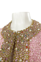 Stunning 1970s Adolfo Pale Pink Beaded Pearl, Rhinestone & Gold Jacket