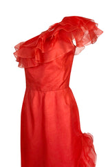 1980s Bellville Sassoon Ruffled Red Chiffon One Shoulder Dress