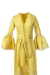 1960s Yellow Mexican Pin Tuck Dress w Extraordinary Bell Sleeve Detail