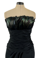 1980s Victor Costa Strapless Jersey Dress w Iridescent Feather Bodice Detail