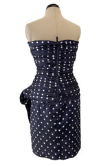 1980s Loris Azzaro Deep Blue Silk Strapless Dress w White Dots & Unusual Skirt
