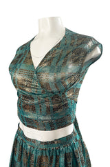 1980s Geoffrey Beene Gold & Turquoise Silk Lame Metallic Skirt & Top Set