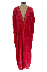 Rare 1977 Thea Porter Couture Documented Cherry Red Fused Velvet Open Front Abaya Caftan
