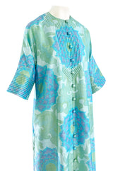 Gorgeous 1970s Pierre Balmain Soft Green and Blue Printed Thai Silk Caftan Dress or Evening Coat