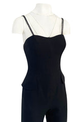 Pre-fall 1997 Christian Dior by Galliano Sleek Flared Leg Black Jumpsuit w Beaded Straps & Hip Peplum