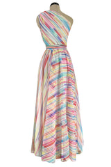 Spectacular 1970s Oscar de la Renta One Shoulder Lightweight Chiffon Rainbow Stripe Dress