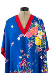 Spring 1982 Oscar de la Renta Blue Floral Silk Caftan Dress w Red Edging Detail