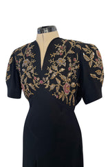 Stunning 1930s Unlabeled Moss Silk Crepe Dress w Dense Beading Sequin & Gold Thread Embroidery