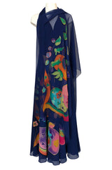 c.1972 Unlabeled Karl Lagerfeld Chloe Hand Painted Halter Dress & Scarf