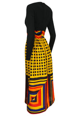1970s Unlabeled Bright Graphic Printed Yellow & Red Full Skirted Dress