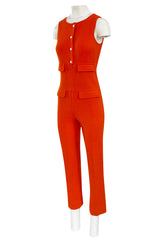 Rare 1970s Courreges Hyperbole Bright Orange Wool Jumpsuit & Matching Cropped Jacket
