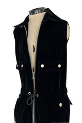 Brilliant 1971 Andre Courreges Black Velvet Jumpsuit w Silver Studs & Zip Front
