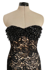Gorgeous 1990s Isaac Mizrahi Couture Strapless Nude & Black Lace Dress w Beaded Bodice