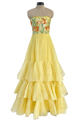 Spring 1977 Jean Louis Scherrer Haute Couture Strapless Floral Sequin Silk Dress w Matching Silk Cape