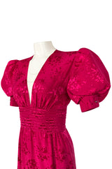 1980s Wayne Clark Pink Silk Plunging Neckline & Huge Pouf Sleeve Dress