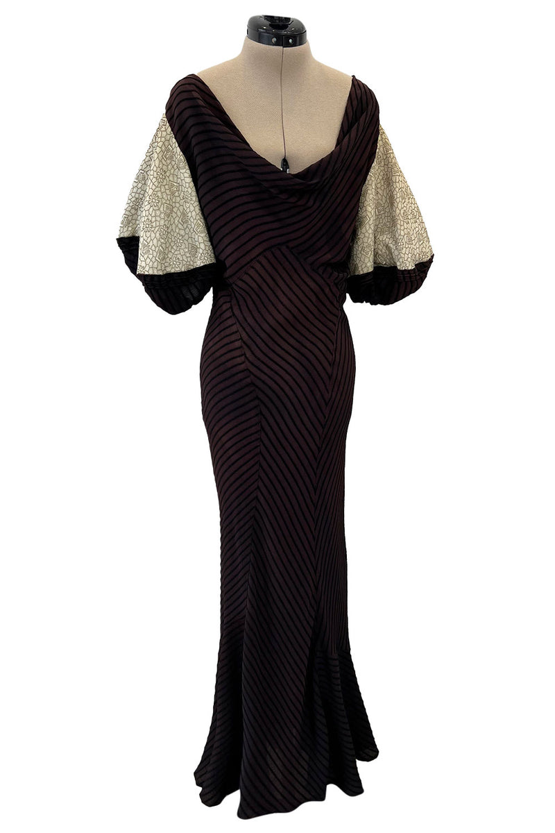 1930s Bias Cut Silk & Chenille Dress w Amazing Silk Metallic Lame Balloon Sleeves