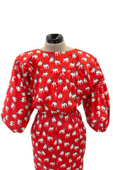 Iconic Spring 1987 Yves Saint Laurent Runway French Bulldog Printed Red Dress