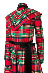 Early 1970s Geoffrey Beene Boutique Red Plaid Holiday Silk Taffeta Dress