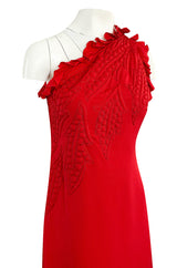 Documented 1981 James Galanos One Shoulder Red Silk Dress w Trapunto Quilting Detail