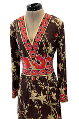 Prettiest 1970s Emilio Pucci Original Pink & Coral Floral Print Brown Silk Jersey Dress