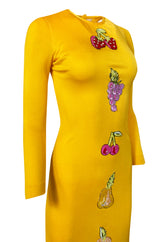 Early 1970s Bob Mackie Ray Aghayan Yellow Jersey Dress w Sequin Fruit