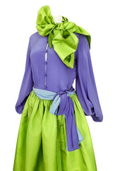 Spring 1978 Bill Blass Crisp Bright Green Silk Taffeta Skirt & Purple Silk Top Dress Set