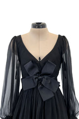 Incredible Fall 1993 Yves Saint Laurent Runway Black Silk Chiffon Dress W Ruffle Full Sleeves