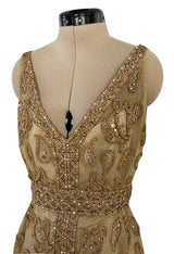 Incredible 1960s Malcolm Starr Gold Metal Net Dress w Metal Cording & Rhinestones