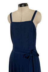 Chic 1970s Christian Dior by Marc Bohan Minimalist Blue Silk Chiffon Drop Waist Dress
