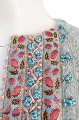 1950s I. Magnin Pale Blue Sweater Cardigan w Silk Ribbon and Hand Done Embroidery Work