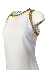 Early 1980s Paco Rabanne White Dress w Gold Metal Loop Detailing
