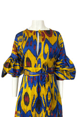 Recent Zazi Handmade Vintage Ikat Silk Blue & Gold Caftan Dress