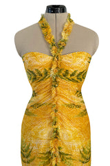 Spring 2004 Oscar de la Renta Runway Yellow Silk Chiffon Ruffled Dress w Fern & Floral Print