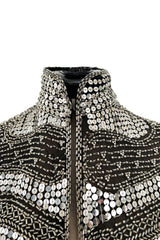 Sparkly Spring 1981 Halston Silver Sequin & Beaded Black Silk Chiffon Jacket