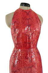 Documented 1974 Bill Blass Red Sequin & Snakeskin Print Ad Campaign Halter Dress