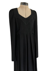 Incredible 1960s Ossie Clark Black Moss Crepe Dress w Capped Shoulders